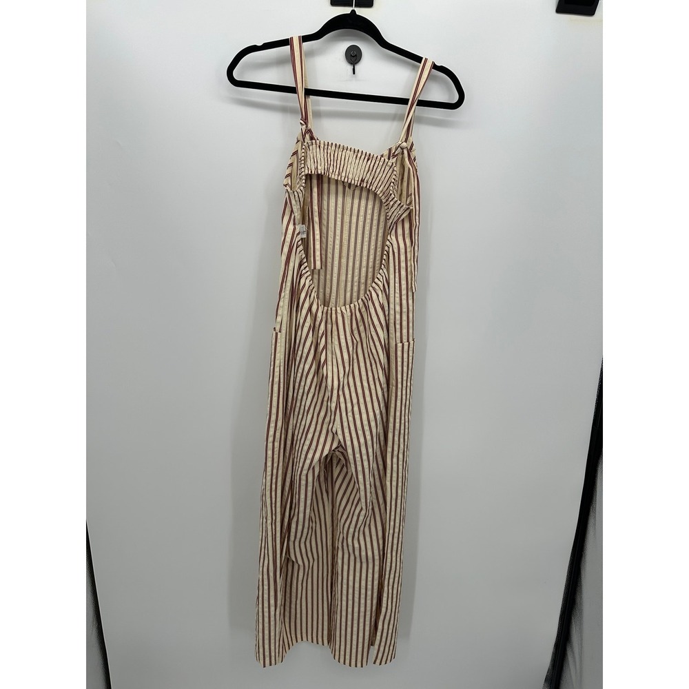 Cream Red Striped Romper Jumpsuit Size M Pockets Oversized Boho Open Back - Picture 2 of 7